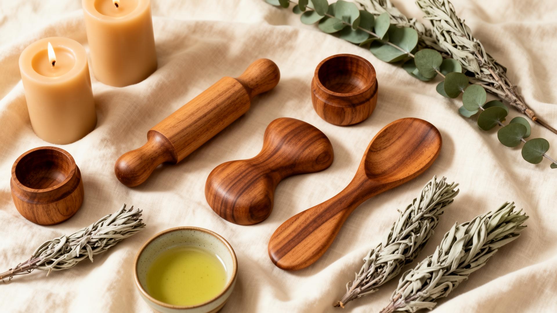 Soins du visage et madérothérapie chez Massmadero à Bezons — outils en bois, bougies et lin naturel